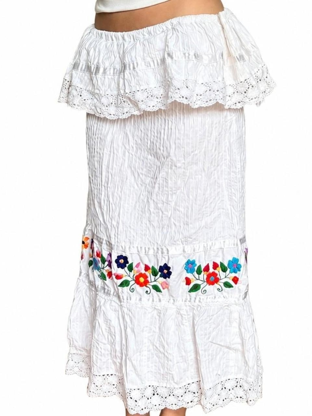 White Cotton Maxi Skirt with Colorful Floral Embroidery